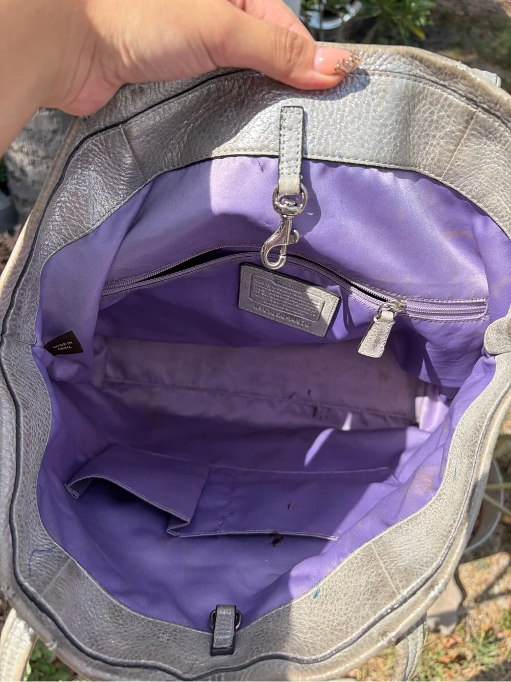 Coach Metallic Silver Leather Tote with Purple & Yellow Patterned Canvas